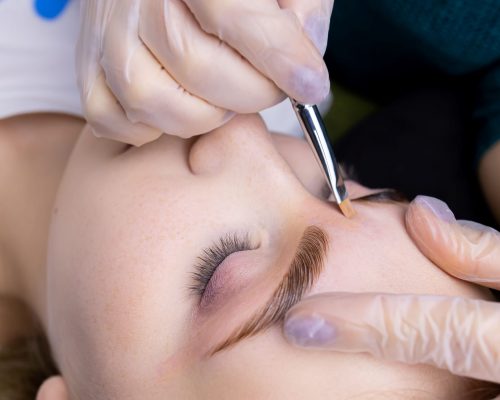 the master in white gloves holds the eyebrow of the model after the lamination procedure with compounds and applies a toning cream with a brush